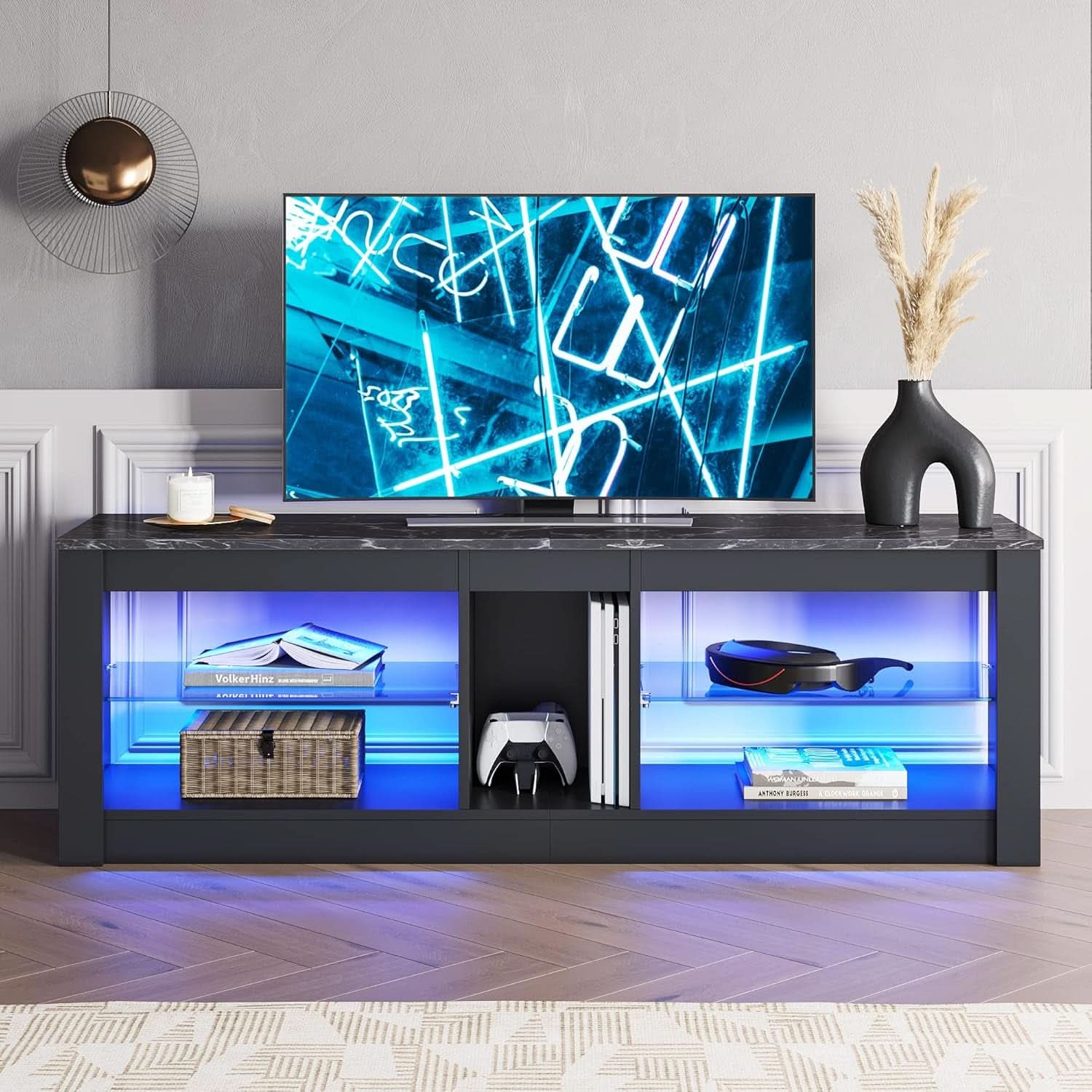 RGB LED Gaming TV Stand For 55Inch TV With Adjustable Glass Shelves Black Marble