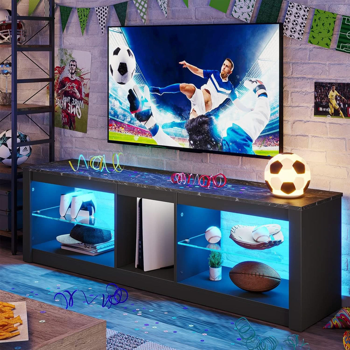 RGB LED Gaming TV Stand For 55Inch TV With Adjustable Glass Shelves Black Marble