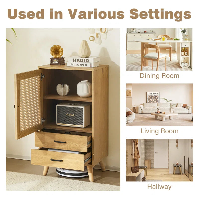 Rattan 1-Door Cabinet With Dual Storage Drawers Coastal