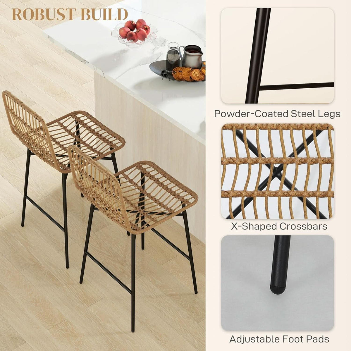Rattan Counter Height Bar Stools Set Of 2 26 Inch Brown