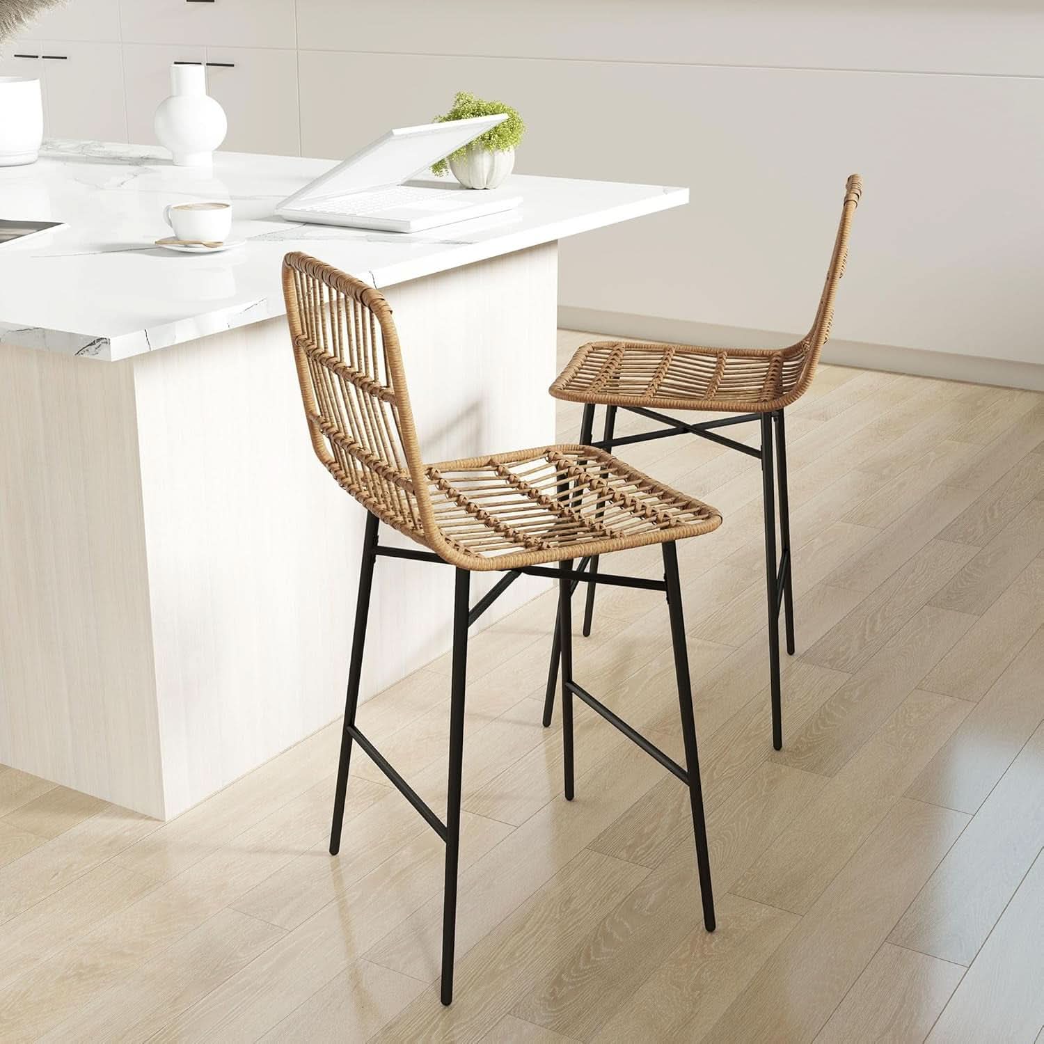 Rattan Counter Height Bar Stools Set Of 2 26 Inch Brown