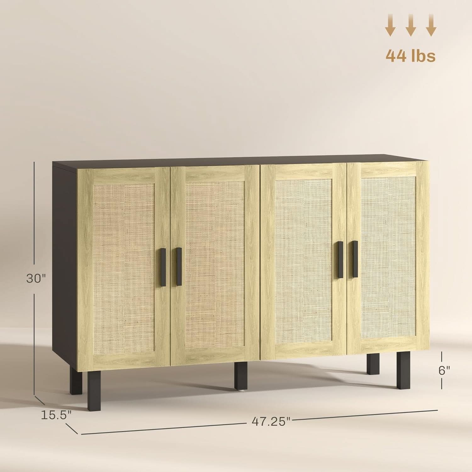 Rattan Door Sideboard Cabinet With Adjustable Shelves Boho Black And Natural