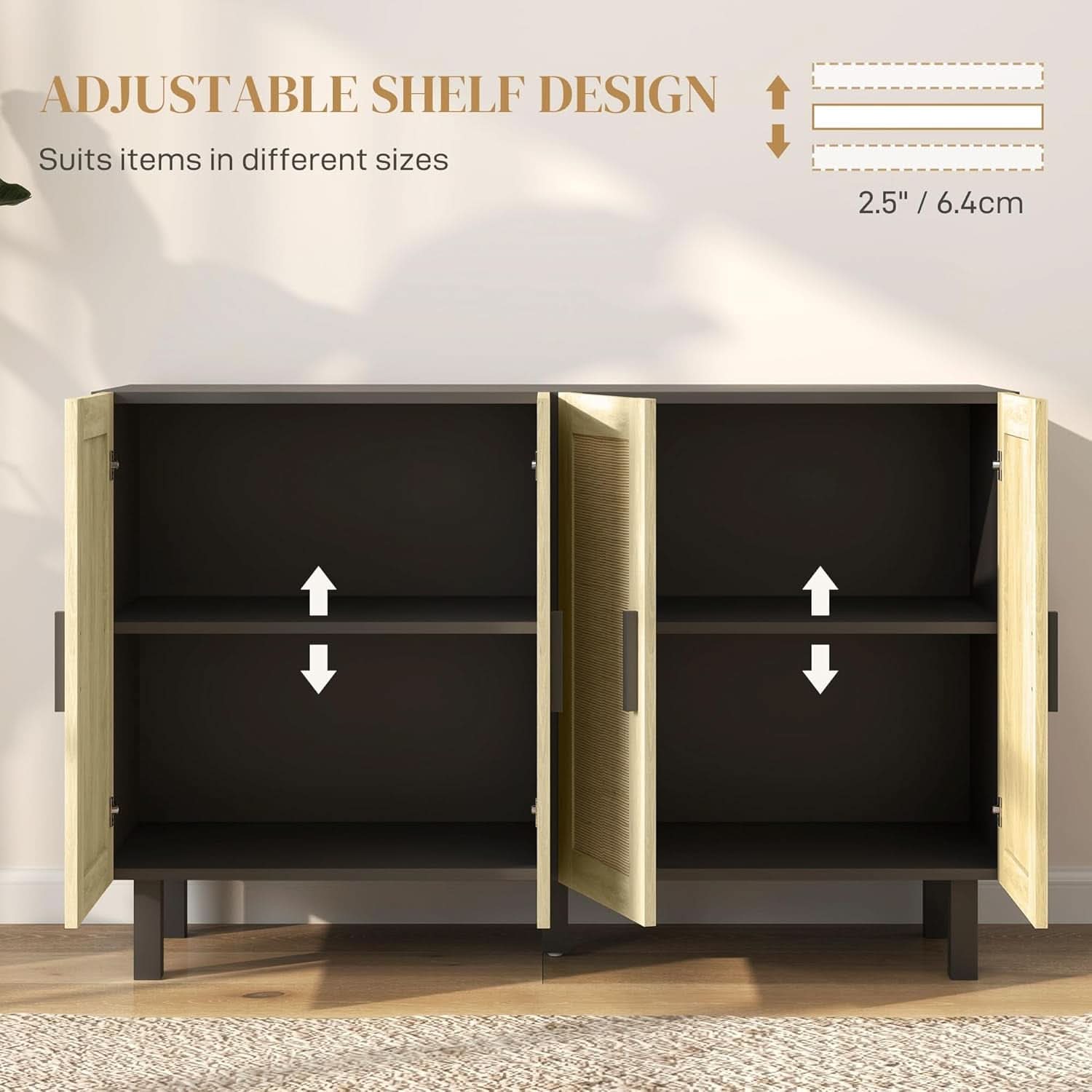 Rattan Door Sideboard Cabinet With Adjustable Shelves Boho Black And Natural