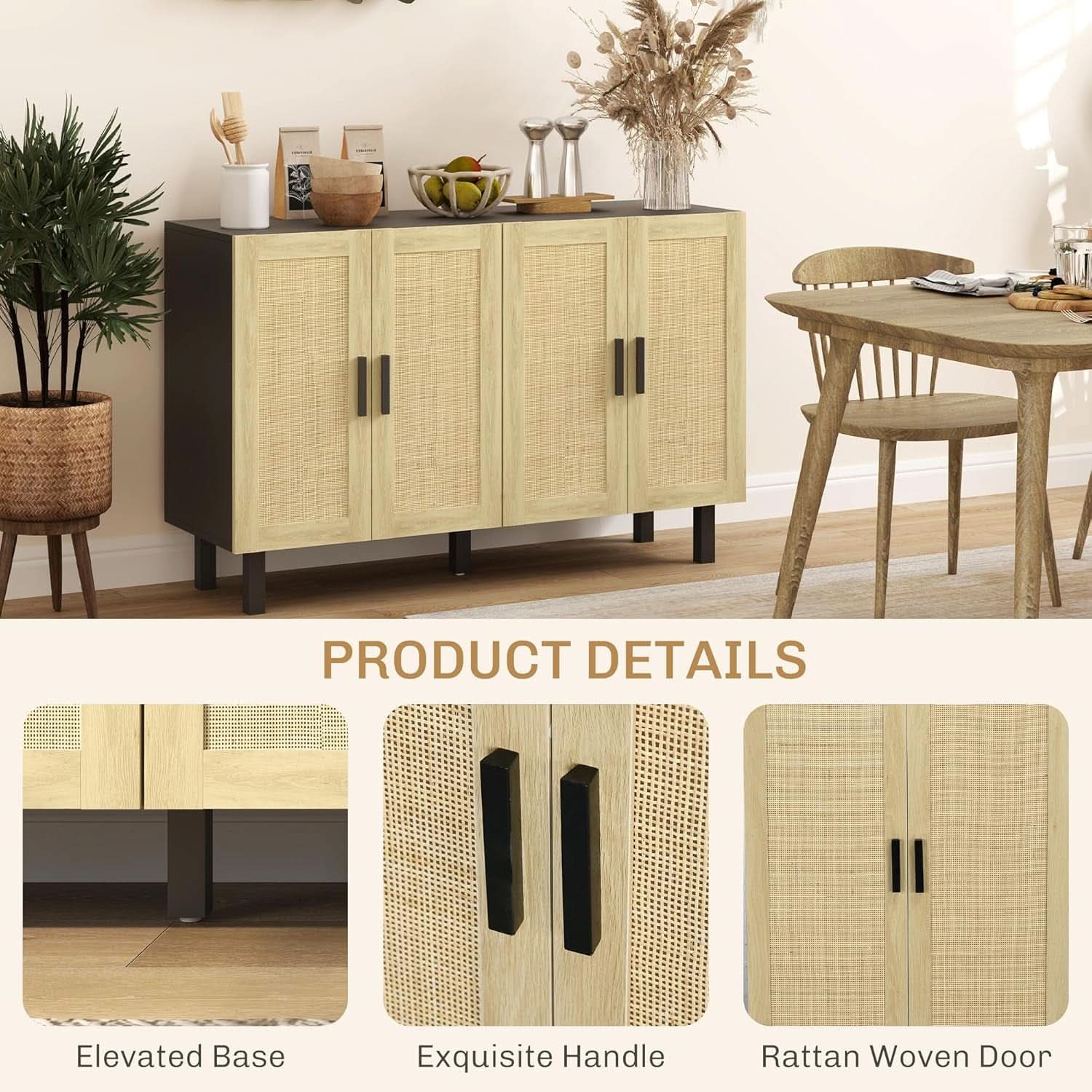 Rattan Door Sideboard Cabinet With Adjustable Shelves Boho Black And Natural