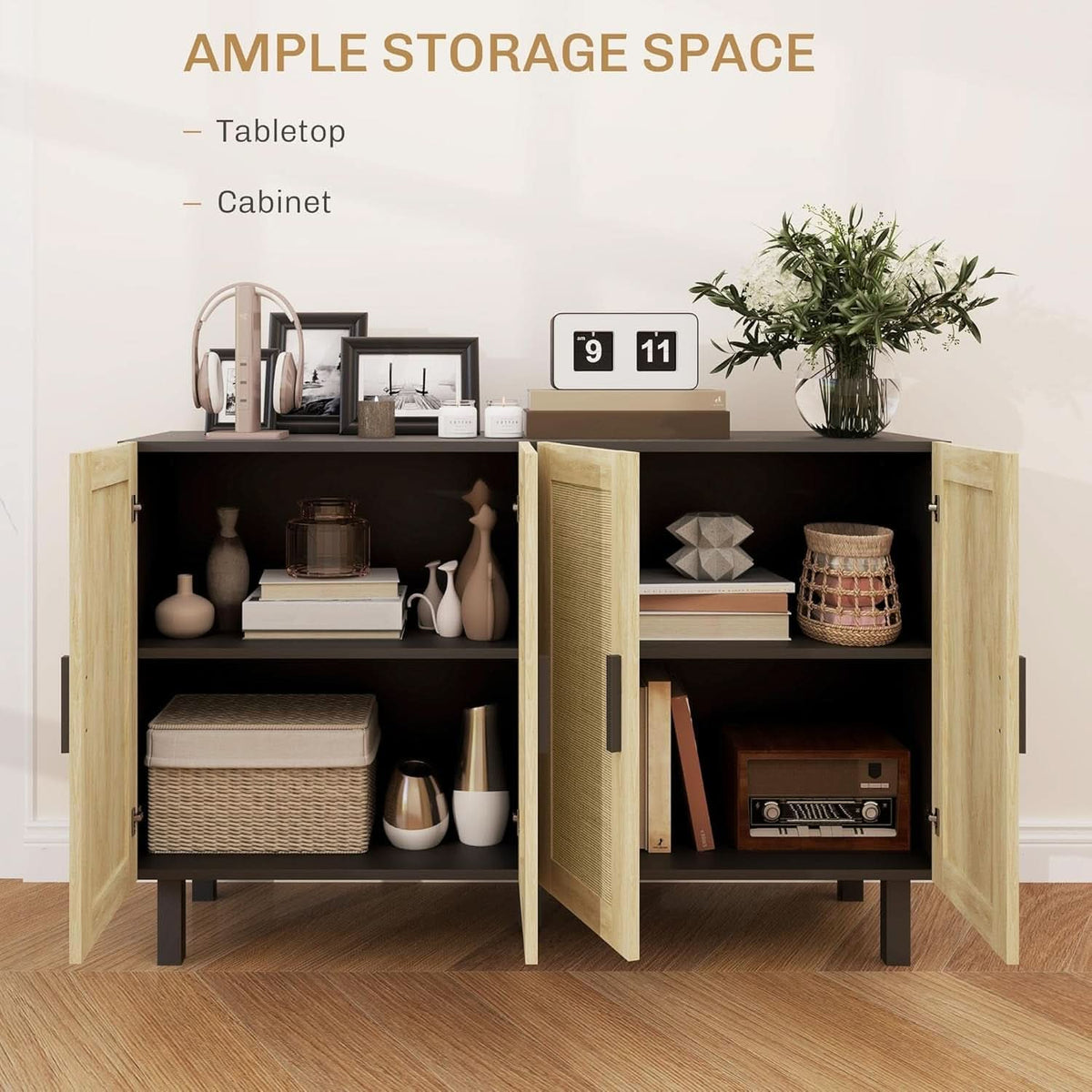 Rattan Door Sideboard Cabinet With Adjustable Shelves Boho Black And Natural