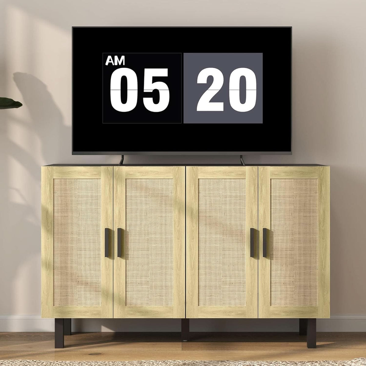 Rattan Door Sideboard Cabinet With Adjustable Shelves Boho Black And Natural