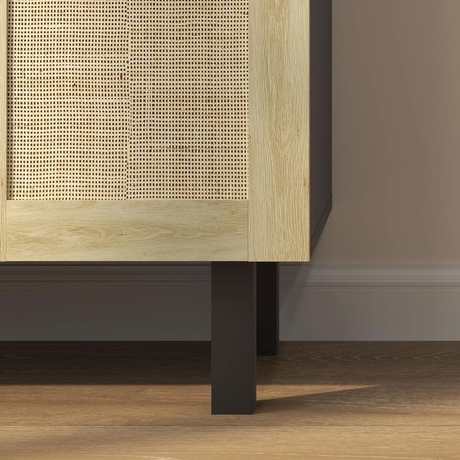 Rattan Door Sideboard Cabinet With Adjustable Shelves Boho Black And Natural