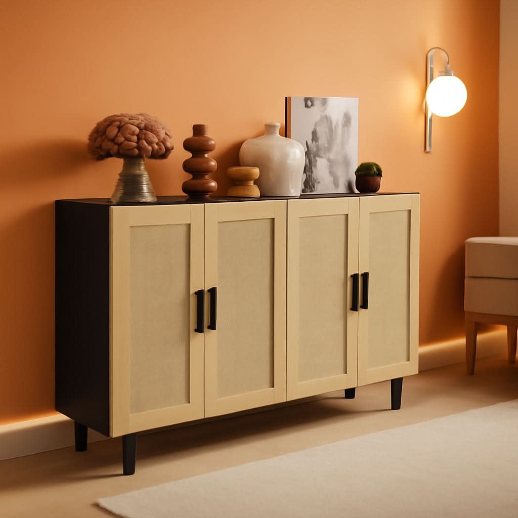 Rattan Door Sideboard Cabinet With Adjustable Shelves Boho Black And Natural