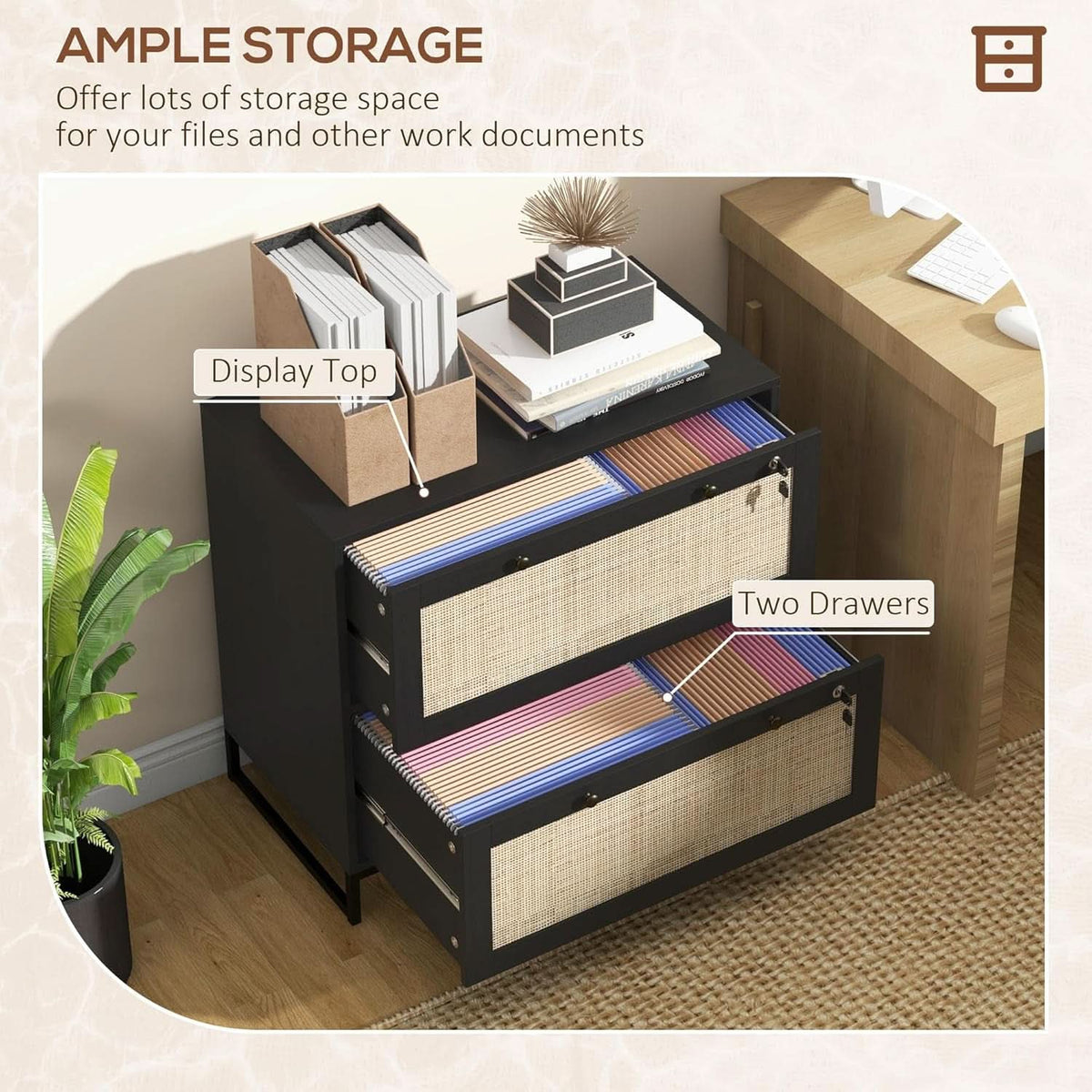 Rattan Drawer File Cabinet With Lock For Letter A4 Legal Files Printer Stand Black