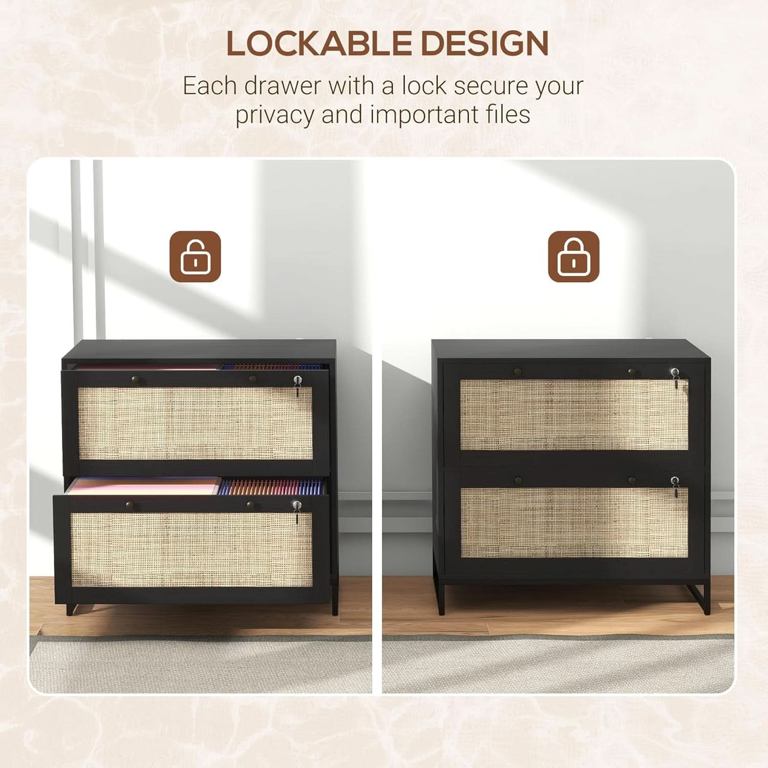 Rattan Drawer File Cabinet With Lock For Letter A4 Legal Files Printer Stand Black