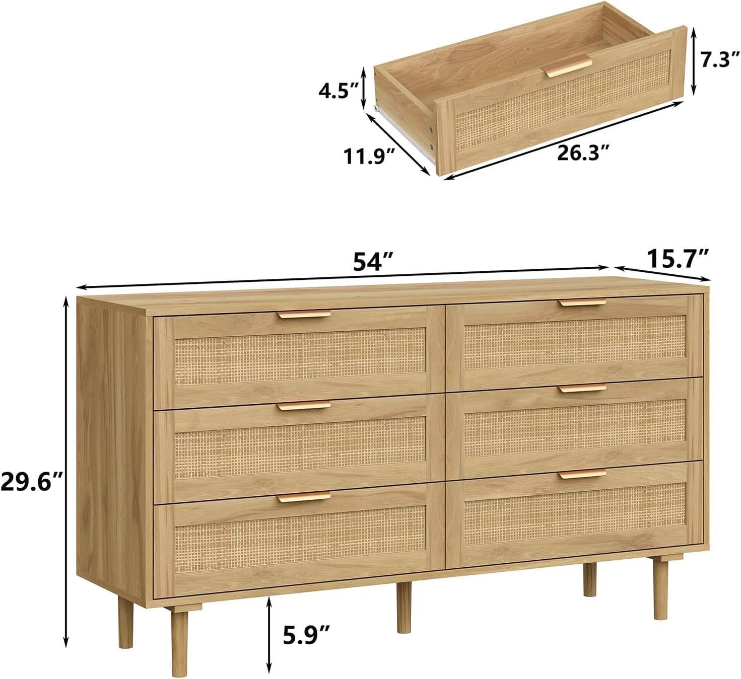 Rattan Dresser 54 Inch PremiumQuality Tabletop Drawers
