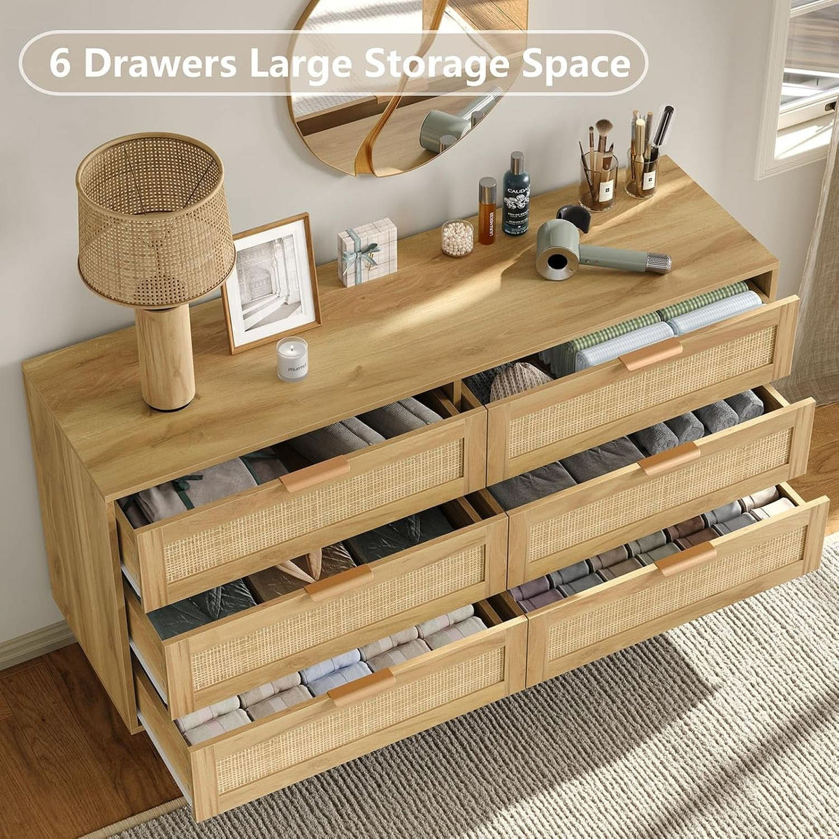 Rattan Dresser 54 Inch PremiumQuality Tabletop Drawers