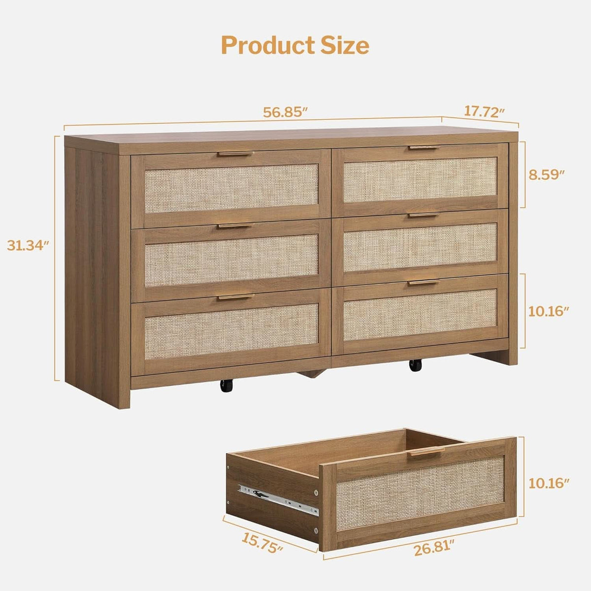 Rattan Dresser FiftySixPointNineInches Wide Six Drawer