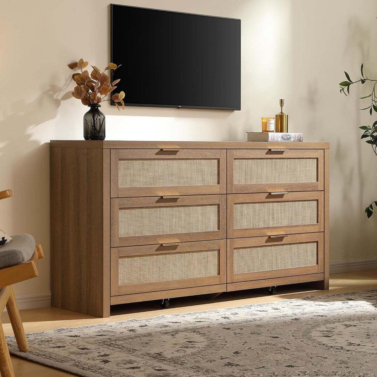 Rattan Dresser FiftySixPointNineInches Wide Six Drawer