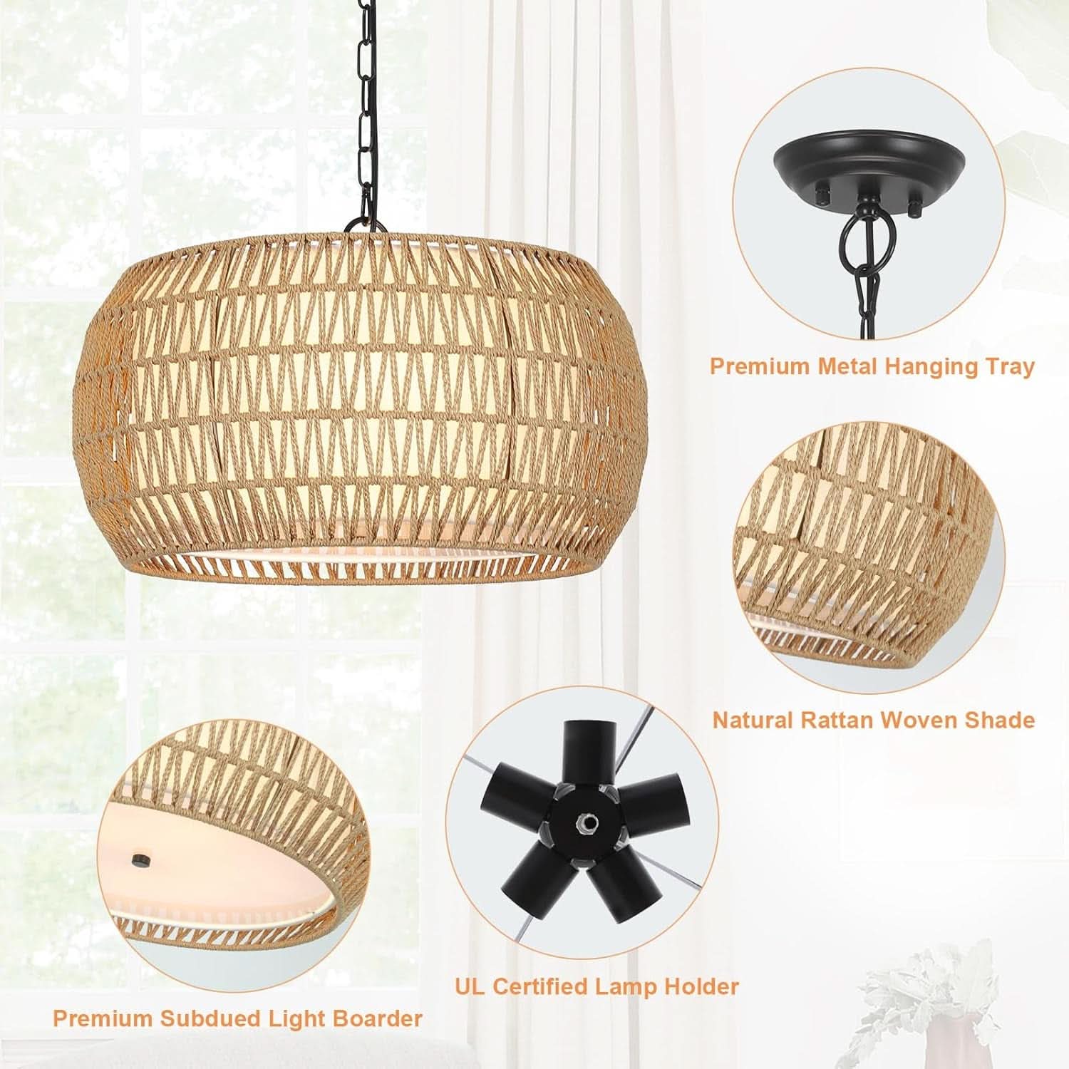 Rattan Farmhouse 5 Light Chandelier With Fabric Shade