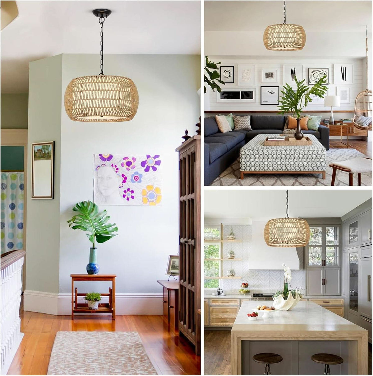 Rattan Farmhouse 5 Light Chandelier With Fabric Shade