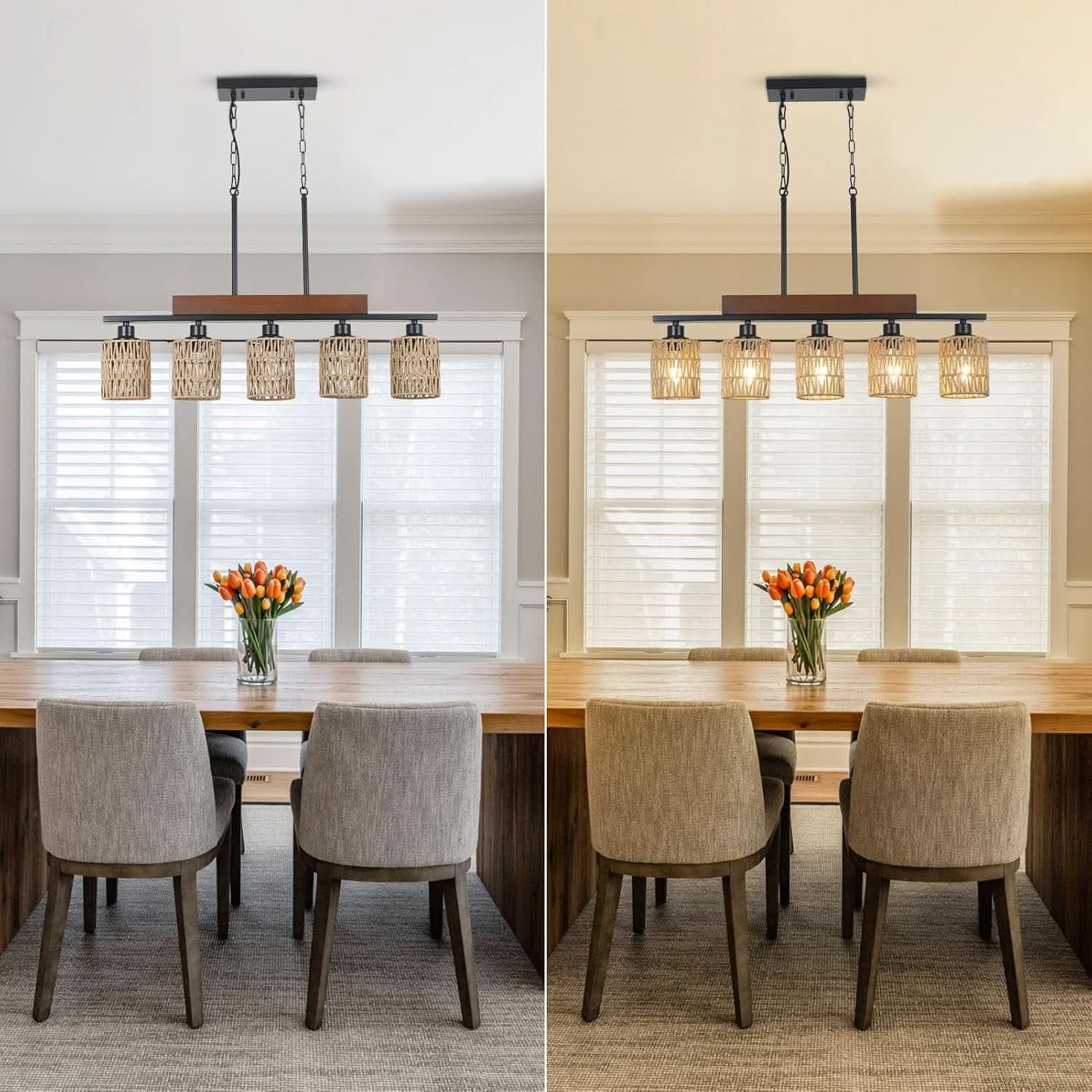 Rattan Farmhouse 5 Light Linear Chandelier Black Lighting