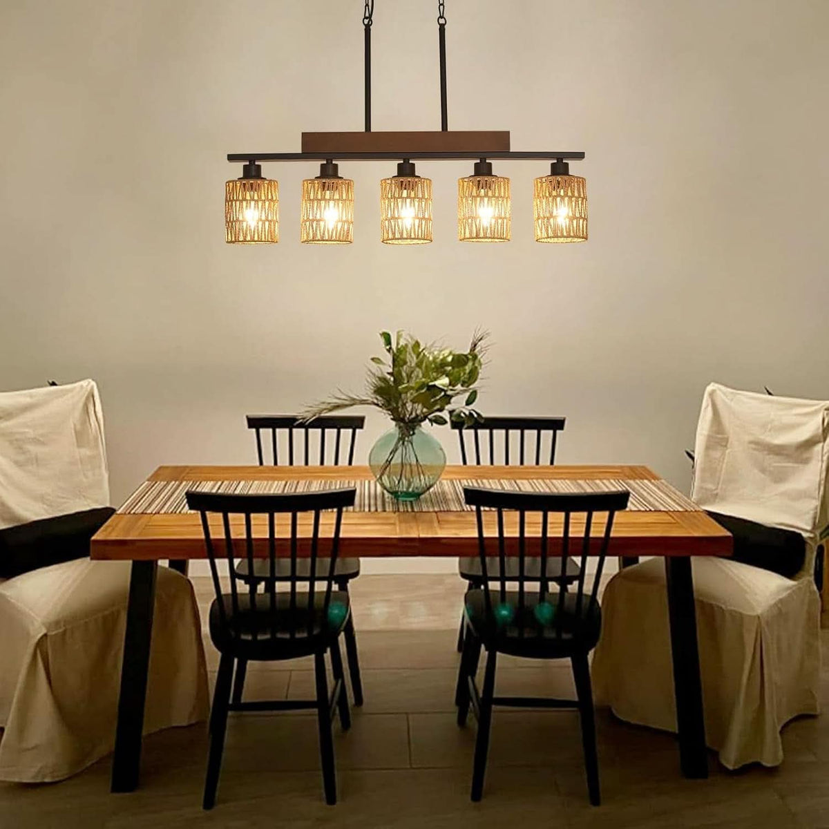 Rattan Farmhouse 5 Light Linear Chandelier Black Lighting