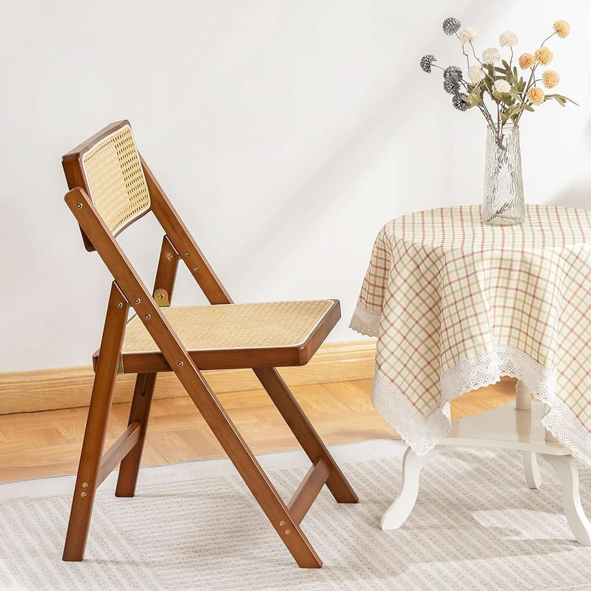 Rattan Folding Chair Walnut Finish Indoor Outdoor Dining