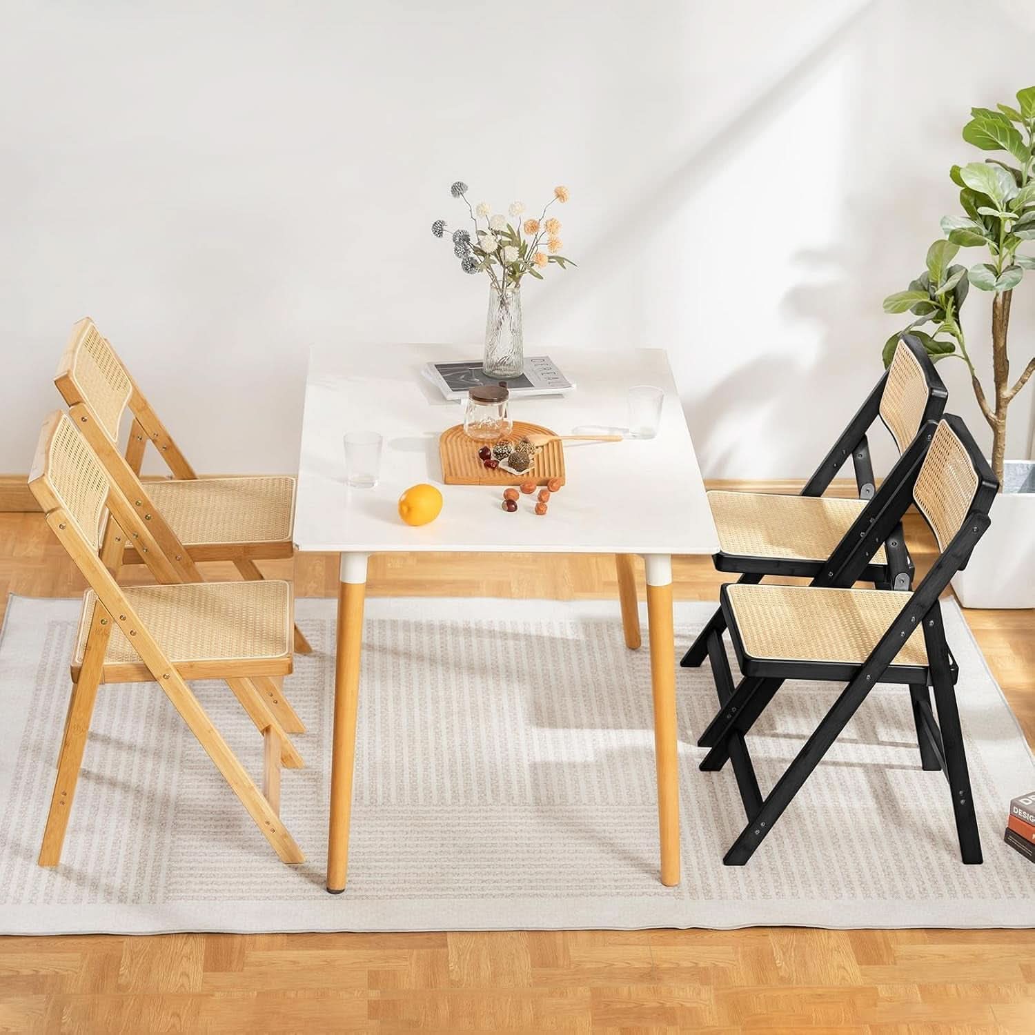 Rattan Folding Dining Chairs Set Of 2 Black Mid Century