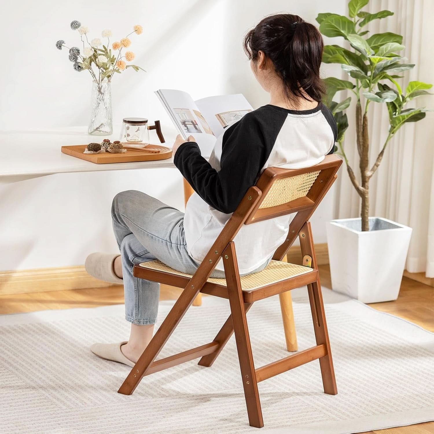 Rattan Folding Dining Chairs Set Of 2 Walnut Indoor Outdoor