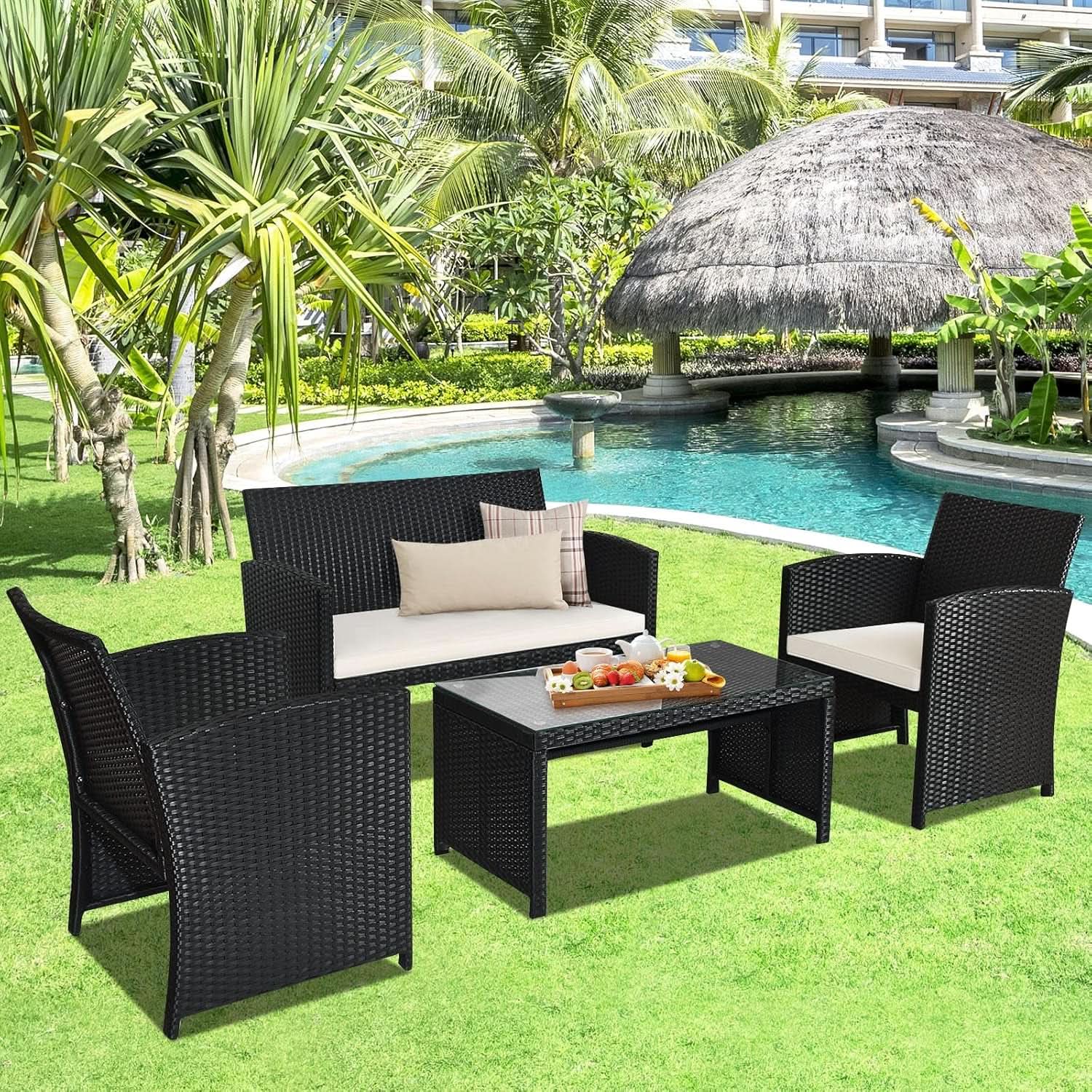 Rattan Outdoor Patio Furniture Set 4 Piece White Cushions