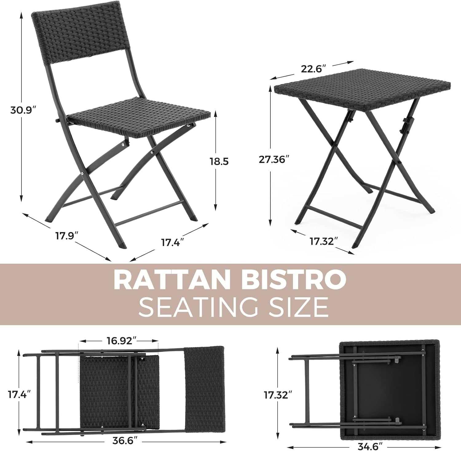 Rattan Patio Bistro Set 3 Piece Foldable Outdoor Black