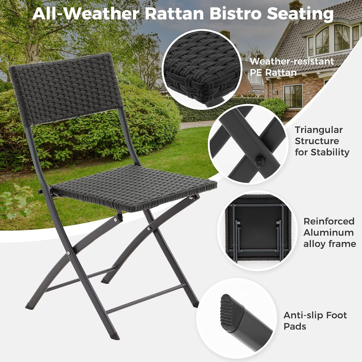 Rattan Patio Bistro Set 3 Piece Foldable Outdoor Black