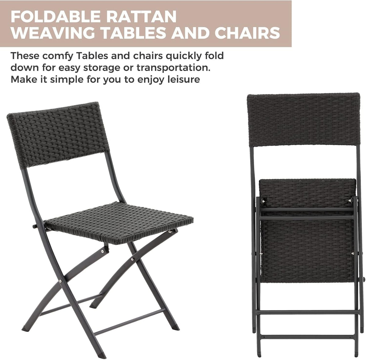 Rattan Patio Bistro Set 3 Piece Foldable Outdoor Black