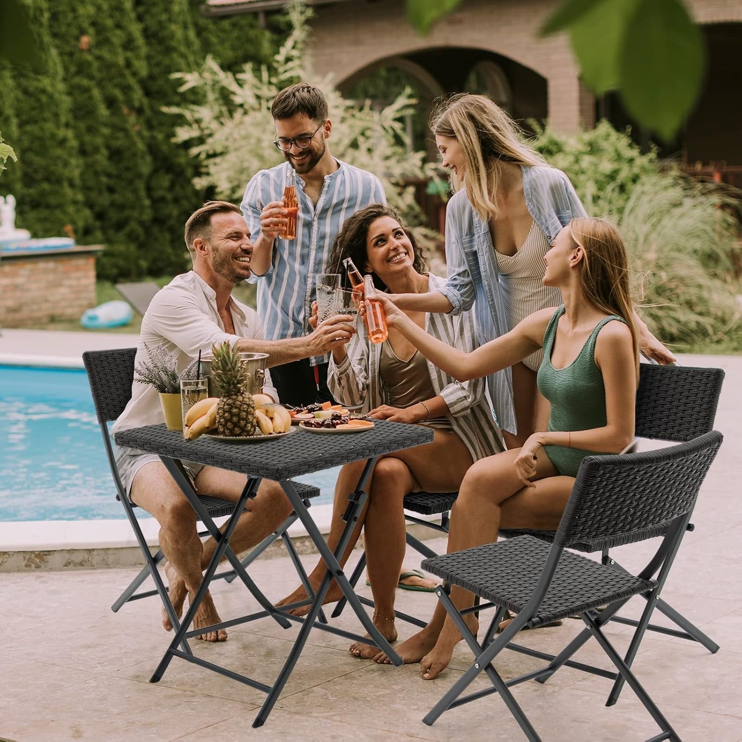 Rattan Patio Bistro Set 3 Piece Foldable Outdoor Black