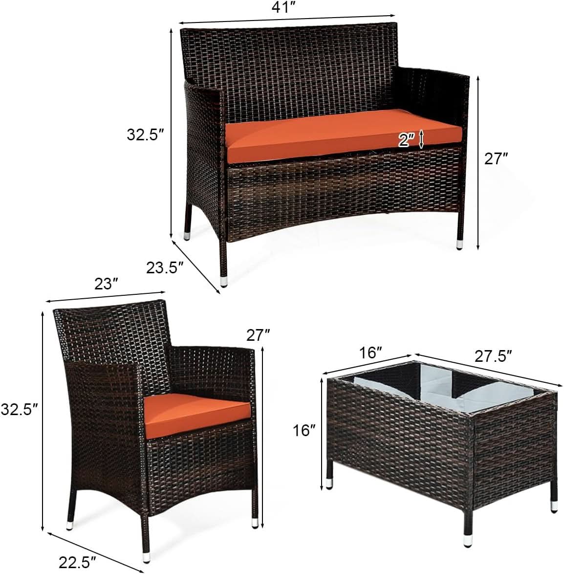 Rattan Patio Set With Cushioned Chairs And Glass Table