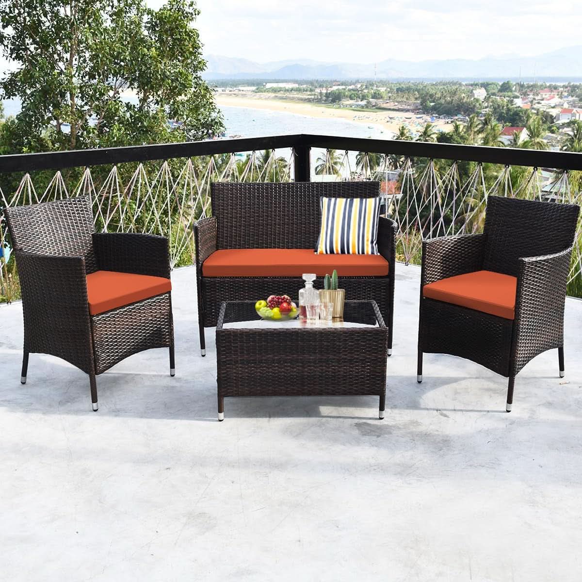 Rattan Patio Set With Cushioned Chairs And Glass Table