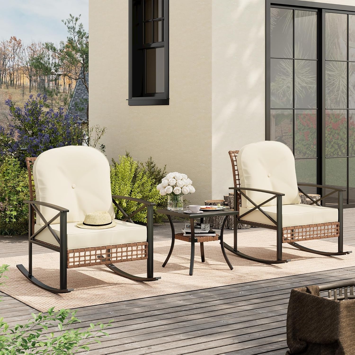 Rattan Rocking Bistro Set With Cushions For Outdoors