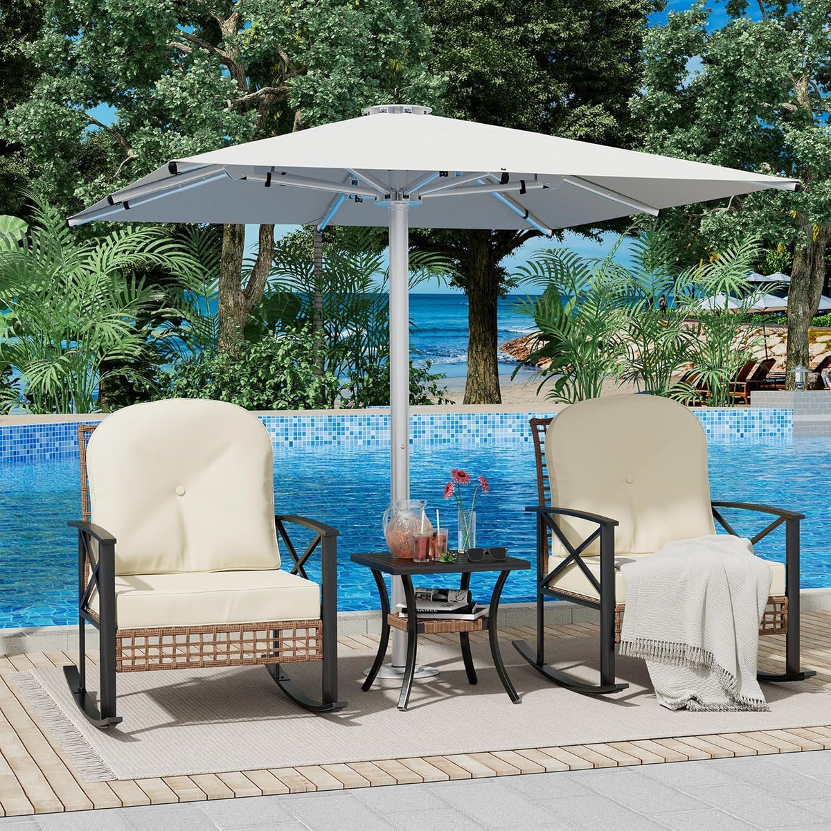 Rattan Rocking Bistro Set With Cushions For Outdoors