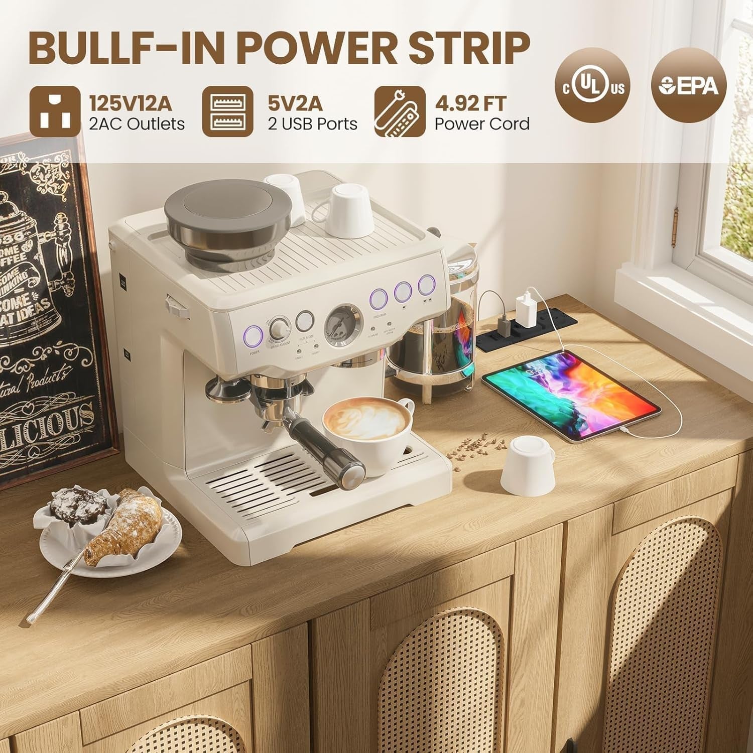 Rattan Sideboard Buffet Credenza With Built In Power Outlet