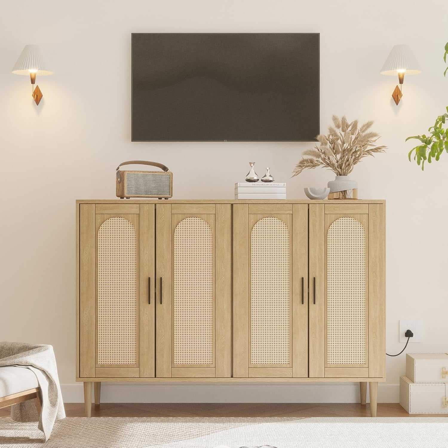 Rattan Sideboard Buffet Credenza With Built In Power Outlet