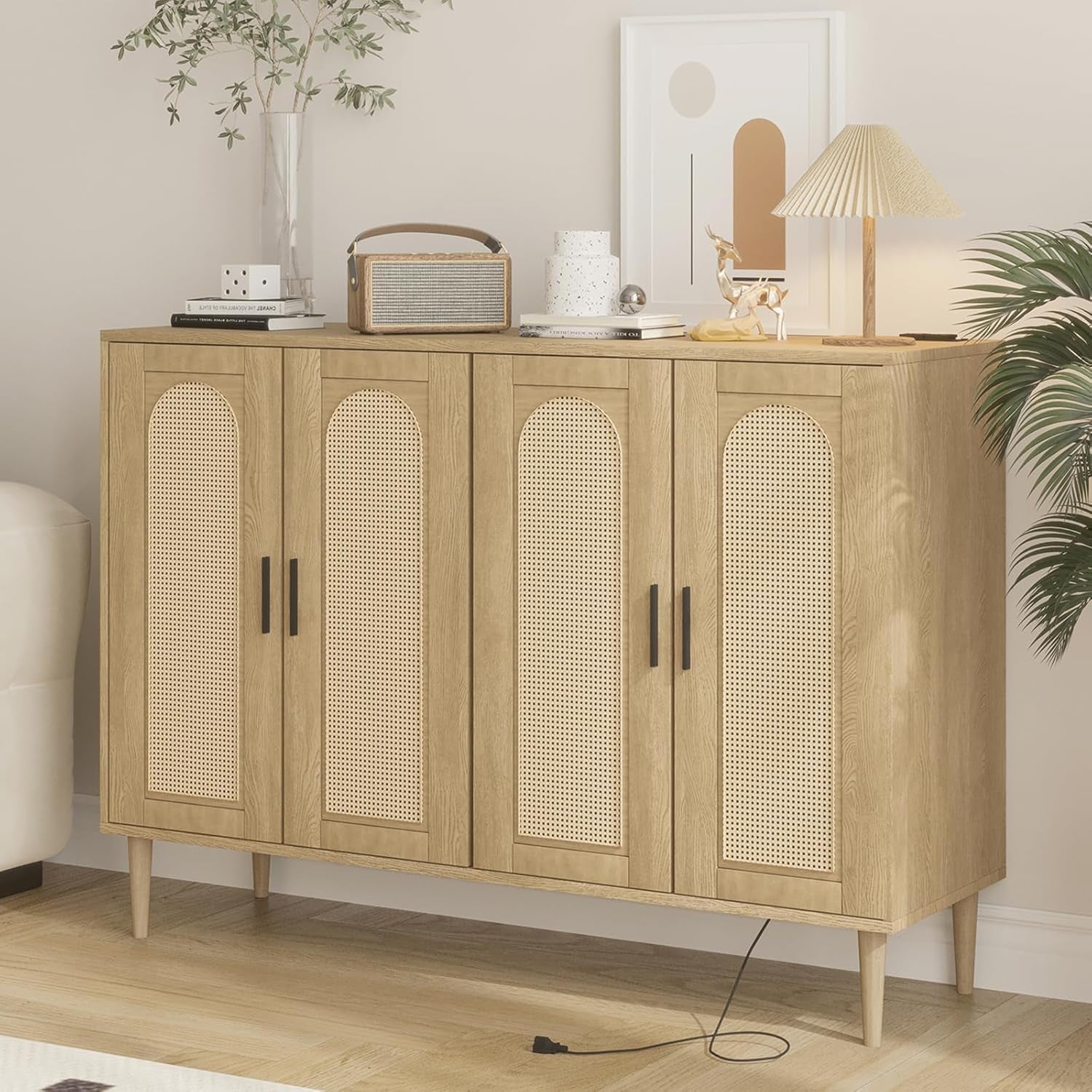 Rattan Sideboard Buffet Credenza With Built In Power Outlet