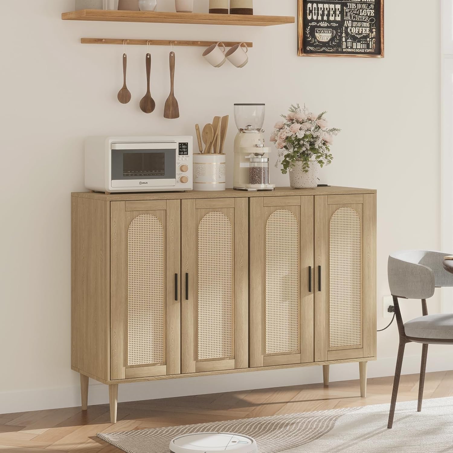 Rattan Sideboard Buffet Credenza With Built In Power Outlet