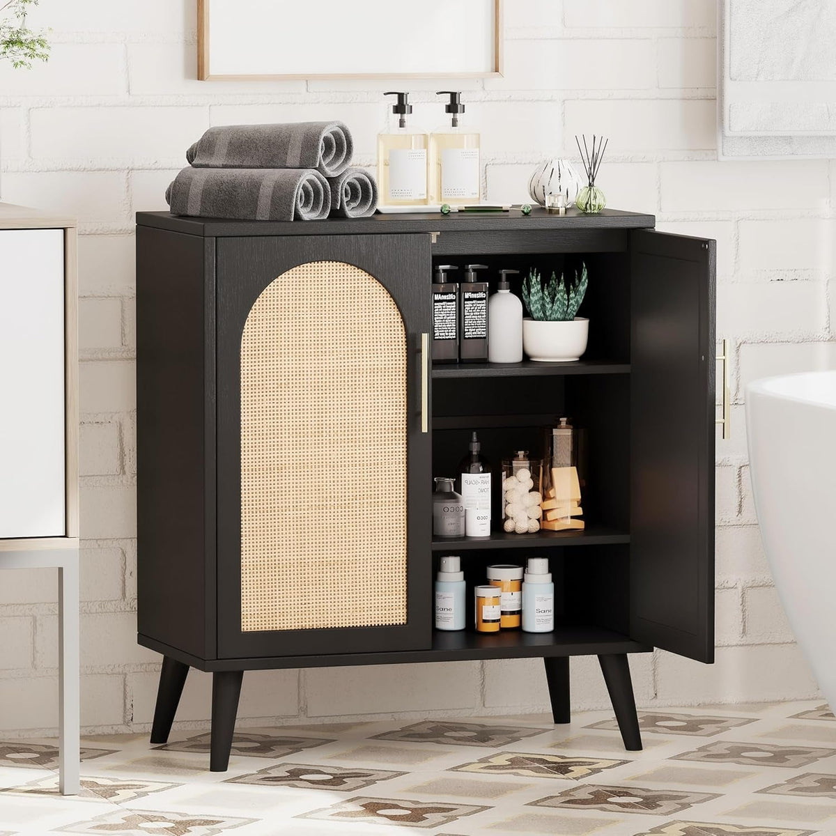 Rattan Storage Cabinet Black And Natural 29.5In L Doors