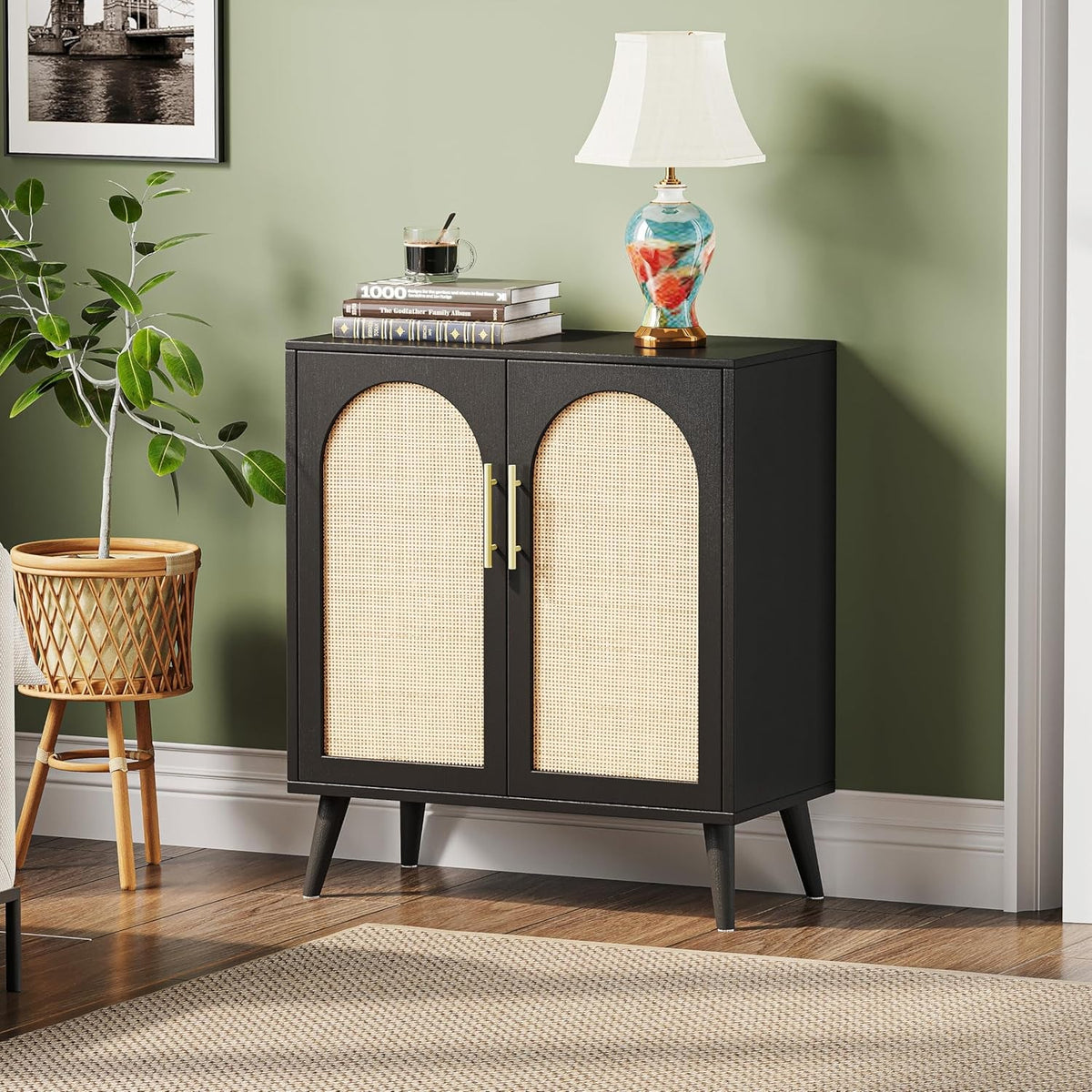 Rattan Storage Cabinet Black And Natural 29.5In L Doors