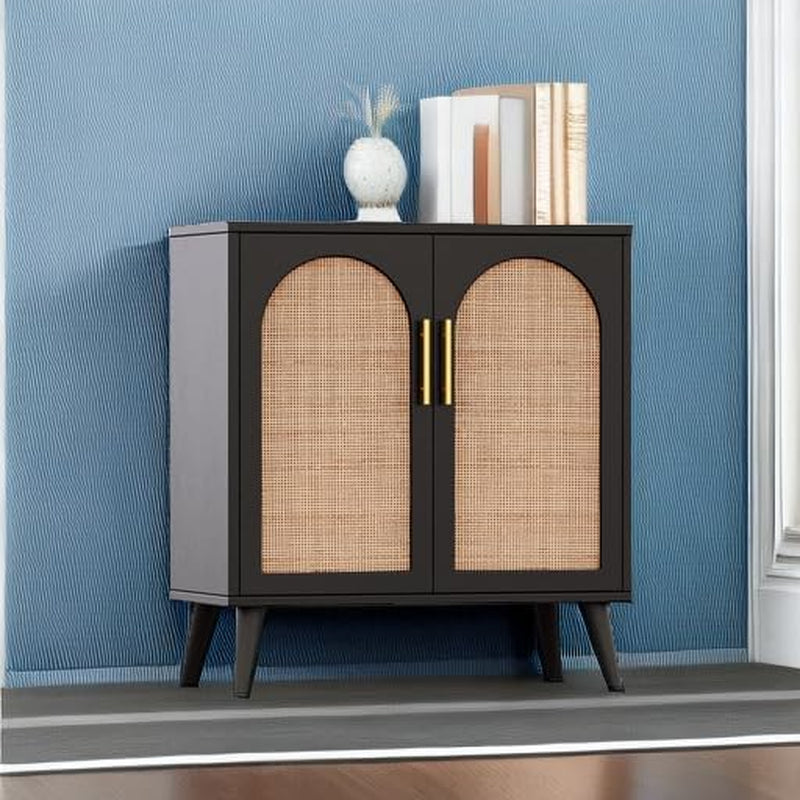 Rattan Storage Cabinet Black And Natural 29.5In L Doors