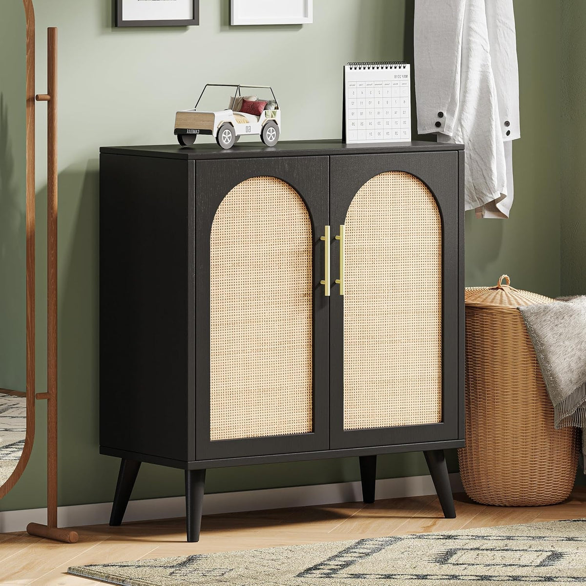 Rattan Storage Cabinet Black And Natural 29.5In L Doors