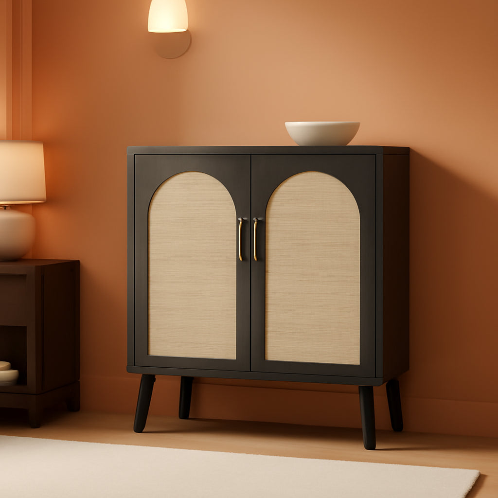 Rattan Storage Cabinet Black And Natural 29.5In L Doors