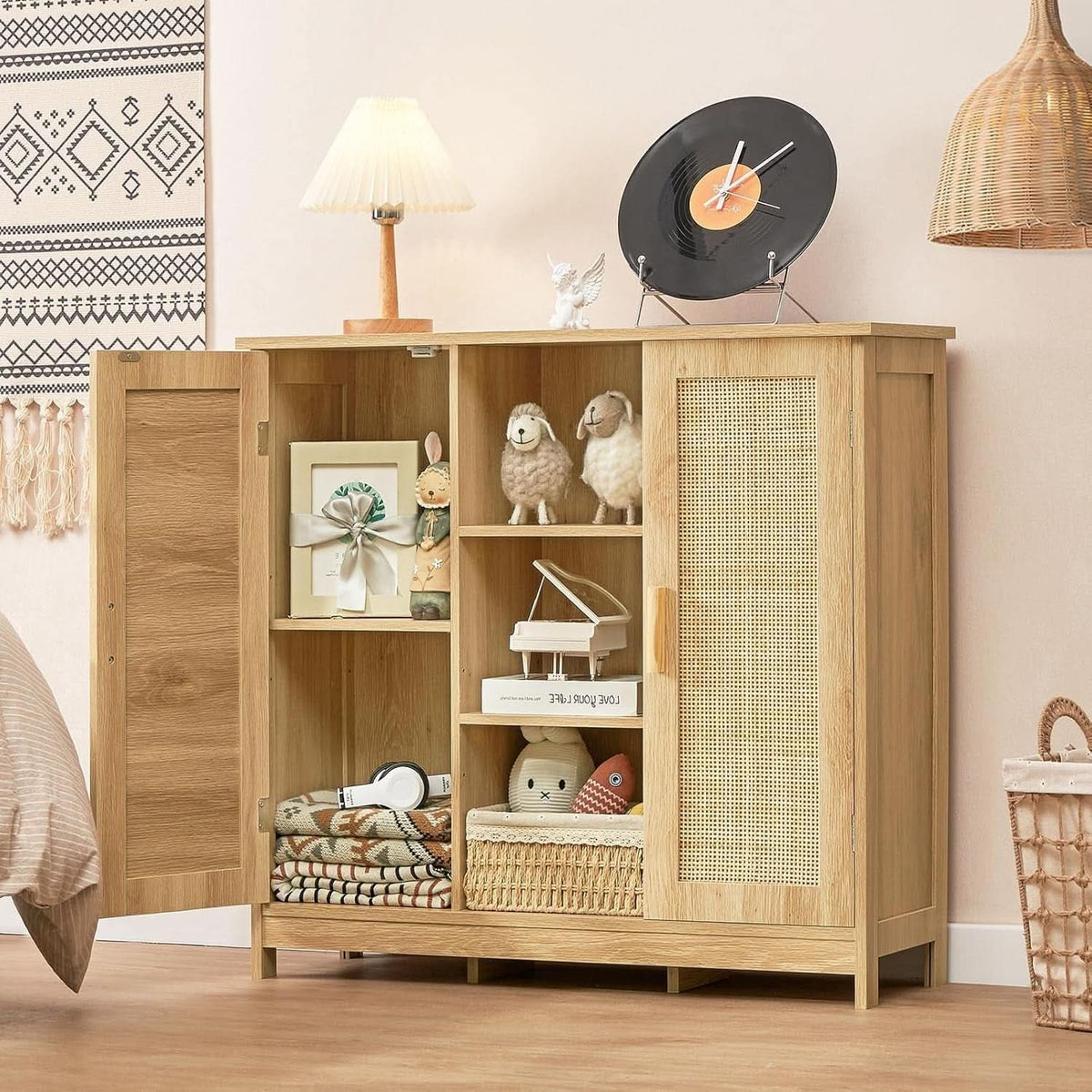 Rattan Storage Cabinet With 4 Adjustable Shelves Natural
