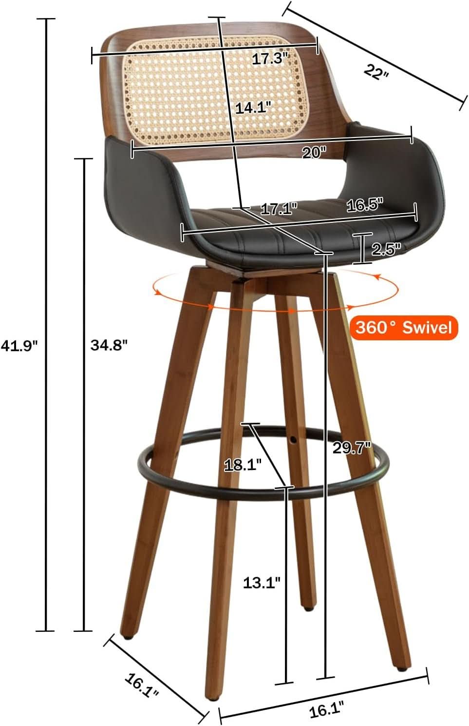 Rattan Swivel Bar Stools Counter Height Black 29.7in 3 Pack