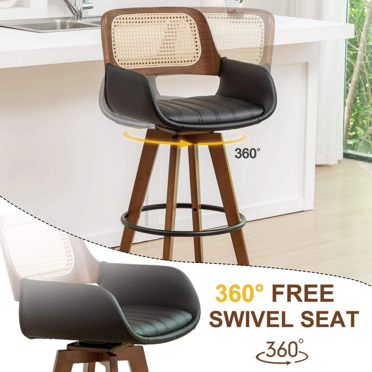 Rattan Swivel Bar Stools Counter Height Black 29.7in 3 Pack