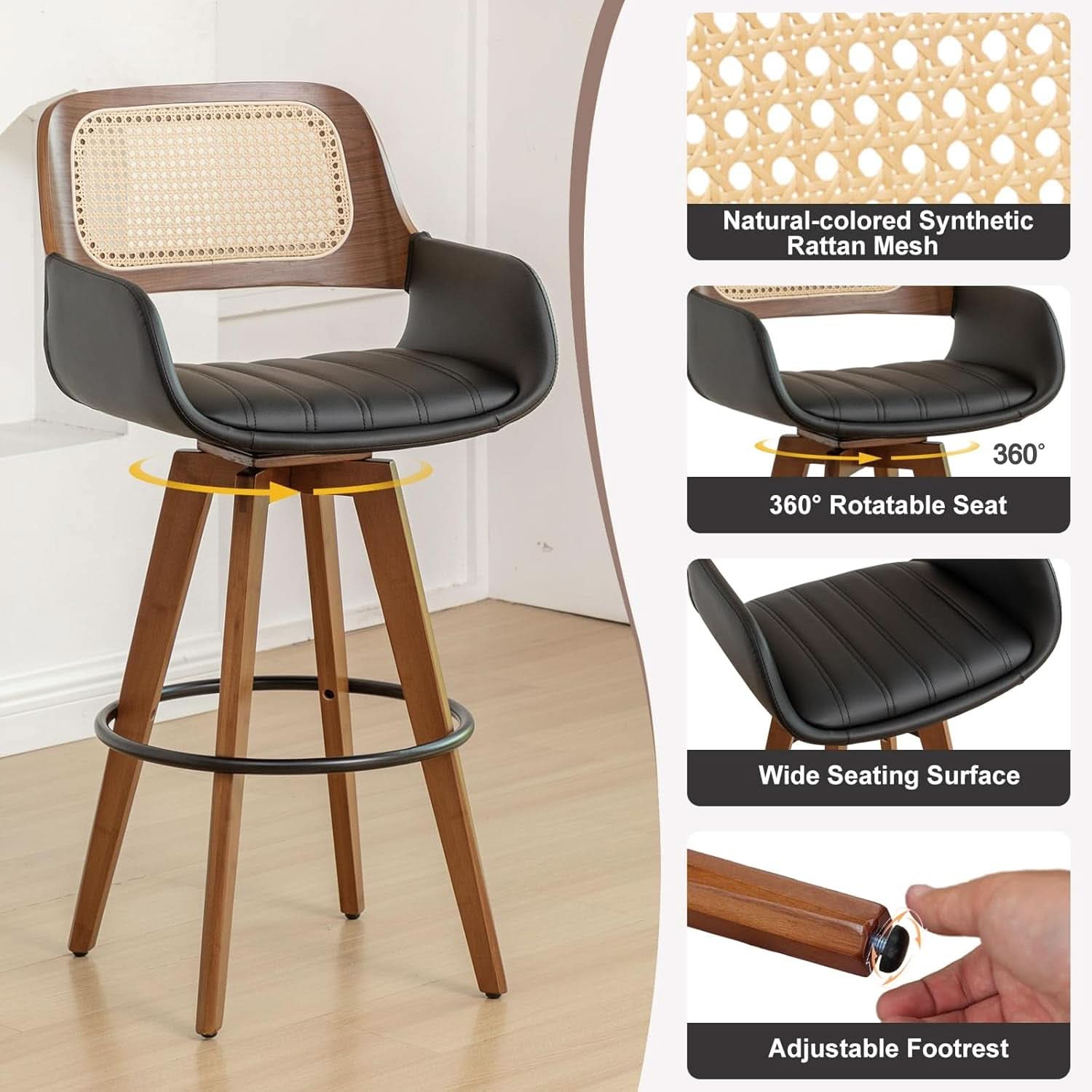 Rattan Swivel Bar Stools with Cane Backrest Design