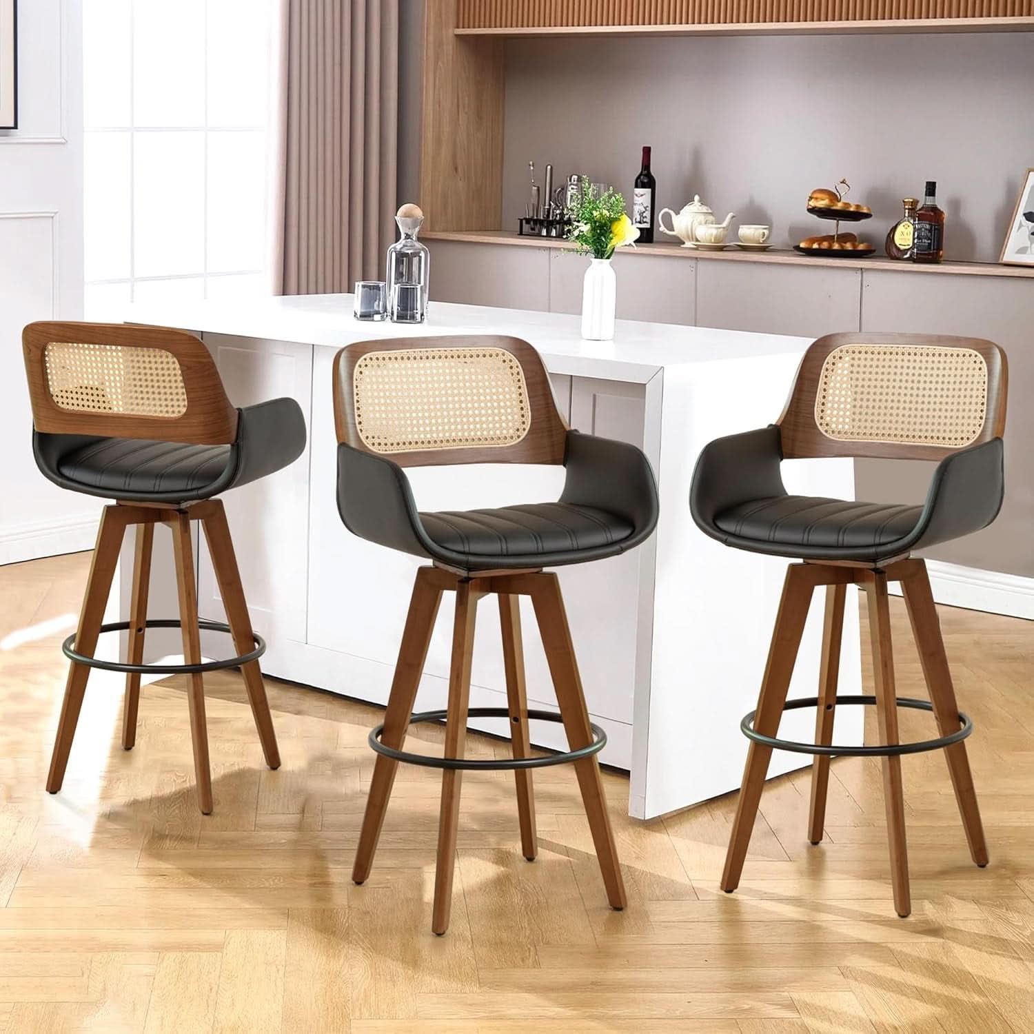 Rattan Swivel Bar Stools with Cane Backrest Design