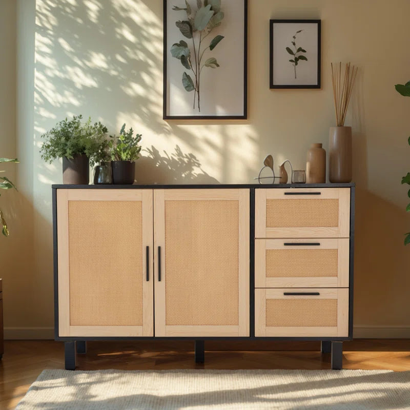 Rattan Two Door Accent Cabinet With Three Drawers Storage