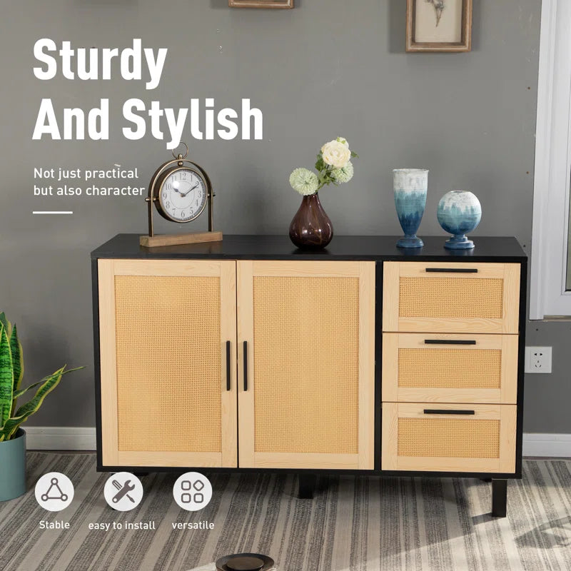 Rattan Two Door Accent Cabinet With Three Drawers Storage